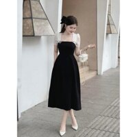 Đầm thiết kế công sở nữ thanh lịch, sang trọng đầm đen tuyết mưa dáng xòe dài phối voan thêu cổ vuông sơ mi tay ngắn