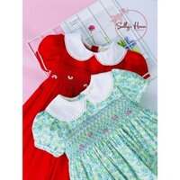 Đầm thiết kế, đầm smock đỏ và smock hoa cổ trắng, đầm thêu tay cho bé gái, váy đầm đỏ cho bé, váy hoa cho bé.