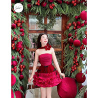 Đầm thiết kế đỏ cúp nhún ngực tùng xoè nhún bèo đính nơ cổ hoa -Jolie Store