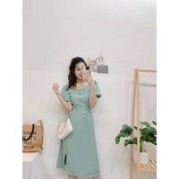 Đầm thiết kế dự tiệc Cao Cấp màu xanh mint bạc hà trơn cổ vuông tay ngắn phồng xẻ tà, dài ngang gối nữ tính quyến rũ