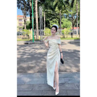 Đầm thiết kế dự tiệc lệch vai nhấn hoa eo xẻ đùi siu xinh ăn cưới,sự kiện sang chảnh