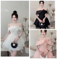 Đầm thiết kế dự tiệc sang chảnh vải tapta phối tơ đính bông đá tay ngắn váy tầng xòe kiểu tiểu thư