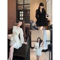 Đầm thiết kế dự tiệc sang trọng vải voan ánh kim cao cấp cổ chữ V tay cánh dơi bo eo cúc bọc dáng ngắn