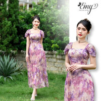 Đầm Thiết Kế EMY Cao Cấp Thanh Lịch EM9465 Dáng Xòe Cổ Vuông Tay Rớt Sang Trọng, Đầm Dạo Phố Vải Voan Tơ Nhẹ Nhàng