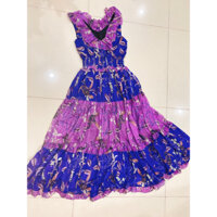 Đầm Thiết Kế Maxi Voan cao cấp hoa tím cổ bèo của nhà LINDA đầm new 100%