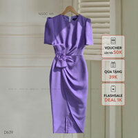 Đầm Thiết Kế Nữ Cao Cấp, Đầm Xếp Ly Eo Đính Nơ Hoa Màu Tím NGOC HA Design D639