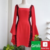 Đầm thiết kế nữ dự tiệc cao cấp ôm body màu đỏ ống tay loe có co giãn mới 97% HIGH END SECOND HAND M9