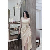 Đầm thiết kế nữ mặc đi tiệc chất tuyết nhung xịn 2 dây đính bông hoa váy xẻ tà đuôi cá gợi cảm