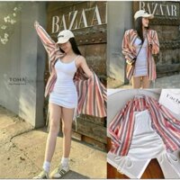 Đầm thiết kế nữ năng động trẻ trung outfit đi biển đầm thun 2 dây ôm body dáng ngắn rút dây phối khoác sơ mi rộng kẻ sọc