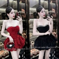 Đầm thiết kế nữ tổng tài cuốn hút, đầm bí nhung kim tuyến bling cúp ngực đính đá quanh ngực dáng váy bí phồng xòe ngắn