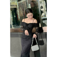 Đầm Thiết Kế Ren Body Dài Trễ Vai Tay Dài Bèo Dự Tiệc Sang Trọng Quyến Rũ - PUSU HOUS