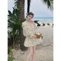 Đầm thiết kế sang chảnh chất voan in hoa trễ vai tay bèo phồng lỡ, váy bo thụng eo xoè ngắn có lót QC