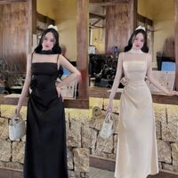 Đầm thiết kế sang chảnh, thanh lịch cho nàng đi tiệc siêu slay, đầm tuyết nhung 2 dây dáng dài đính hoa eo chocker cổ