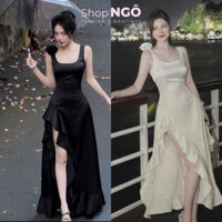 Đầm thiết kế siêu sang chảnh cho nàng đi dự tiệc cực tôn dáng, đầm 2 dây dáng dài xẻ tà 1 bên đính hoa hở lưng cực xinh