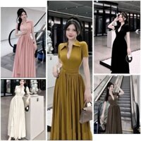 Đầm thiết kế siêu xinh cho nàng đi chơi, dạo phố, chụp ảnh, đầm dáng xòe dài cổ khóa kéo tay ngắn cột dây nơ eo 5 màu
