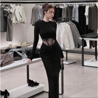 ĐẦM THIẾT KẾ TAY DÀI CỔ TRÒN REN MỜ HỞ EO ÔM BODY XẺ SAU QUYẾN RŨ