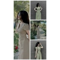 Đầm thiết kế thời trang duyên dáng chất cotton lạnh tay ngắn phòng nút nổi kèm nơ eo dáng váy bút chì dài trẻ trung