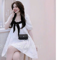 Đầm thiết kế thời trang nữ dễ thương dành cho nữ xinh chất lụa baby doll kèm nơ cổ vuông tay ngắn dáng váy xoè dài mini