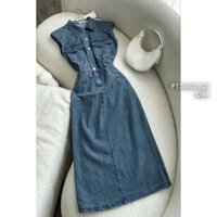 Đầm thiết kế thời trang nữ đi dự tiệc chất jean cổ tròn không tay đính nút áo dáng dài maxi siêu xinh
