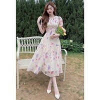 Đầm thiết kế thời trang nữ chất voan họa tiết in hoa QC tay phồng eo nhún váy xòe phong cách nữ tính dễ thương