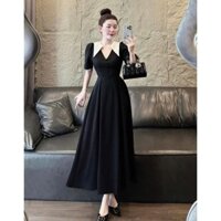 Đầm thiết kế thời trang nữ thanh lịch, quý phái cho các nàng đi dự tiệc siêu sang,đầm đen cổ v dáng dài phối cổ tay bồng
