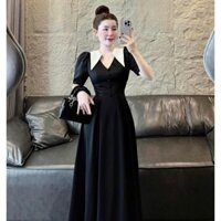 Đầm thiết kế thời trang nữ thanh lịch, quý phái cho các nàng đi dự tiệc siêu sang,đầm đen cổ v dáng dài phối cổ tay bồng