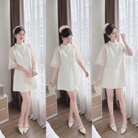 Đầm thiết kế tinh khôi nhẹ nhàng cho nàng đi chơi, dạo phố, đầm cổ tàu chất gấm phối voan tay lỡ đính 3 nơ kèm quần