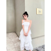 (Đầm  THIẾT KẾ) Váy dập ly xếp tầng cao cấp Giá 350k Hang có sẵn giao ngay Màu trắng  Có 2 dây chỉnh dài ngắn ở vai