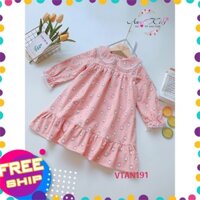 Đầm thô dài tay bé gái 1-12 tuổi hình thỏ, Váy tiểu thư cho bé cổ sen nẹp ren dày dặn mềm mại