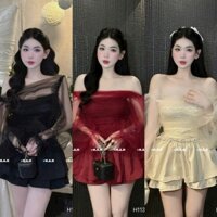 Đầm thời trang dự tiệc sang chảnh dáng ngắn trễ vai dài tay chất ren phối lưới sexy ba màu tôn da