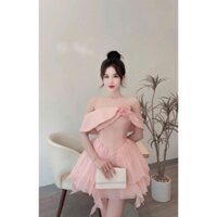 Đầm thời trang kiểu tiểu thư chất tapta phối tơ trễ vai gắn bông ghim đá dáng váy ngắn xoè tầng siêu xinh