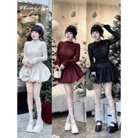 Đầm thời trang nữ chất len ren tay dài đính hoa phối váy tùng bí dáng ngắn xòe thiết kế trẻ trung và xinh xắn