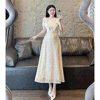 Đầm thời trang nữ chất ren 2 lớp tay ngắn hở vai cổ vuông váy dài dáng xòe thiết kế tiểu thư xinh xắn