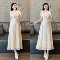 Đầm thời trang nữ chất ren 2 lớp tay ngắn hở vai cổ vuông váy dài dáng xòe tiểu thư xinh xắn mặc đi chơi, đi tiệc💃💃