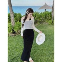 Đầm thời trang nữ chất tăm lạnh cổ dây không tay kèm áo khoác ren váy dáng dài maxi siêu xinh