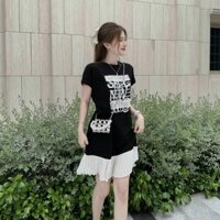 Đầm thời trang nữ chất thun gân cổ tròn tay ngắn ik dáng váy lưng thun dài xoè chữ A xếp ly mini tôn đáng