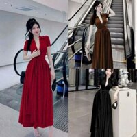 Đầm thời trang nữ chất thun gân tăm dài suông cổ sơ mi hở ngực thắt eo thiết kế mặc đi chơi hoặc đi tiệc