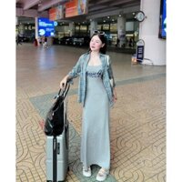 Đầm thời trang nữ chất thun borip tici hai dây in chữ trước ngực kèm áo khoác sọc caro tay dài dễ thương