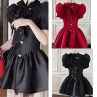 Đầm thời trang nữ chất vải tapta phối tơ nến tay ngắn cổ tròn cột váy ngắn xòe thiết kế trẻ trung xinh xắn