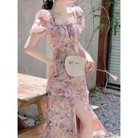 Đầm thời trang nữ chất voan in hoa cổ thuyền tay ngắn xẻ tà kiểu dáng dịu dàng tôn dáng thích hợp đi tiệc đi chơi
