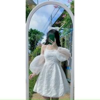 Đầm Thời Trang Nữ Cổ Yếm Cột Dây Tay Kiểu Lỡ Chất Vải Gấm 2 Màu Trắng Đen