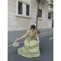 Đầm thời trang nữ, đầm dài maxi ánh nhũ cổ vuông tay bồng nút bọc cực dễ thương cho các nàng bánh bèo đi chơi