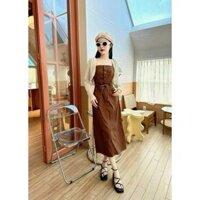 Đầm thời trang nữ đi chơi chất len kèm áo khoác cổ dây không tay kèm nịt dáng váy cotton lạnh dài maxi
