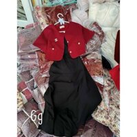 Đầm thời trang nữ đi chơi chất thun tam gân kèm áo khoác đính nút cổ dây dáng váy chữ A độ dài váy maxi