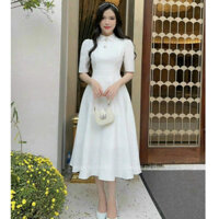 Đầm thời trang nữ đi chơi chất gấm cổ bẻ tay lỡ đính nút ngực dáng váy xếp ly chữ A dài maxi trẻ trung