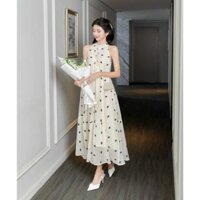 *Đầm thời trang nữ đi chơi dễ thương chất xốp in bông có lót cổ yếm dáng váy xuông xoè dài maxi