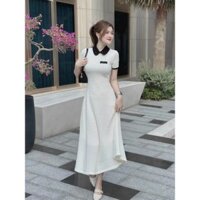 Đầm thời trang nữ đi chơi siêu xinh chất len ren cổ phối màu tay ngắn dáng váy xoè ôm eo dài maxi