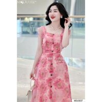 *Đầm thời trang nữ đi chơi chất voan hoa cổ vuông bèo đính nút không tay ôm eo dáng dài maxi siêu xinh