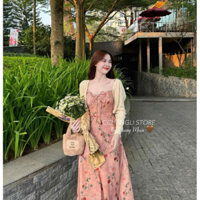 Đầm thời trang nữ đi du lịch chất lụa hoa 2 dây maxi kèm áo khoác thun gân tay dài màu hồng phấn