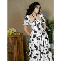 Đầm thời trang nữ dự tiệc chất liệu lụa chấm bi cổ vuông có mút đính dây cổ tay ngắn dáng váy dài xoè maxi sang trọng